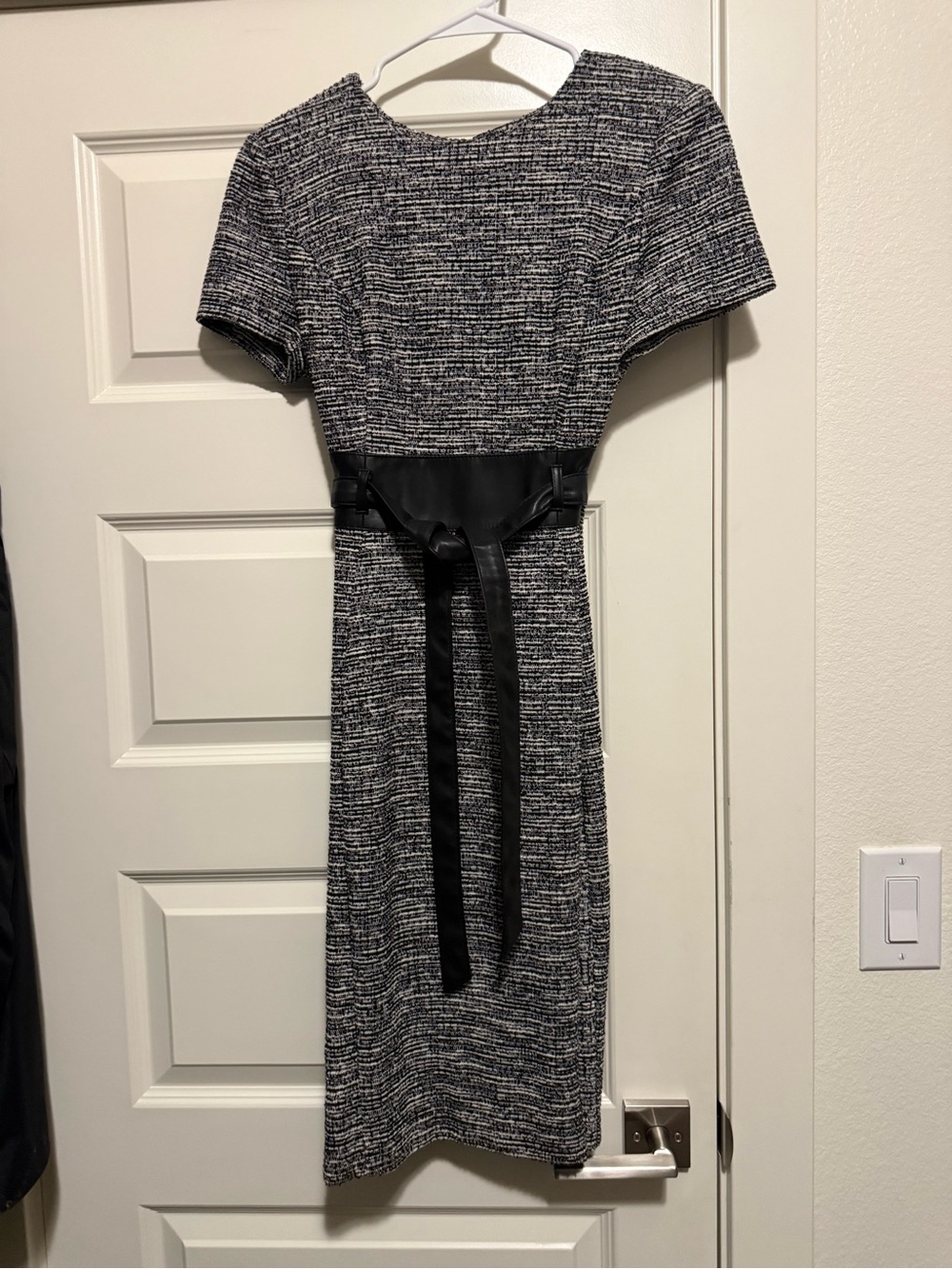 Calvin Klein Black & White Tweed Belted Midi Dress